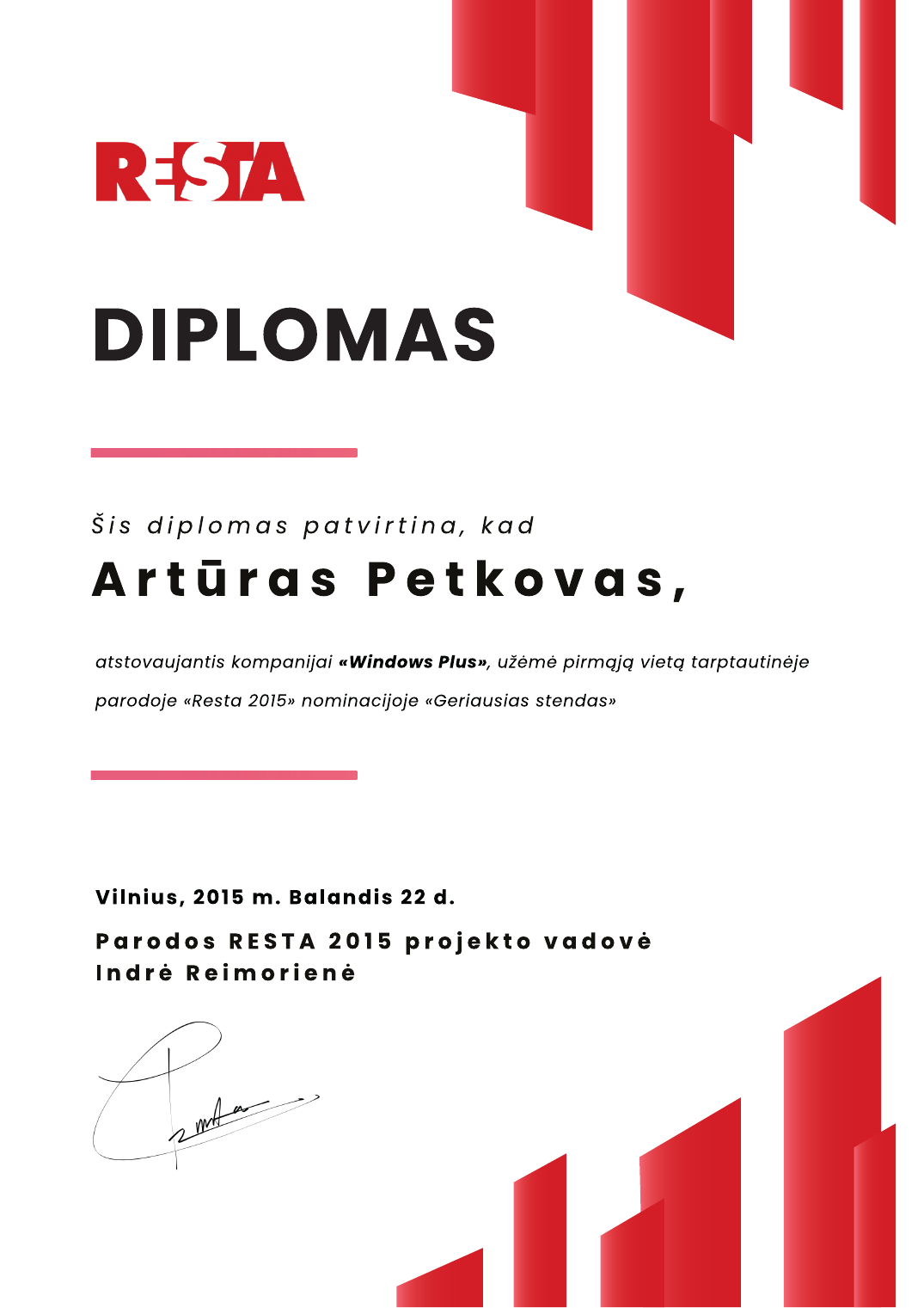 RESTA 2015 diploma naming Artūras Petkovas for first place in the Best Stand category