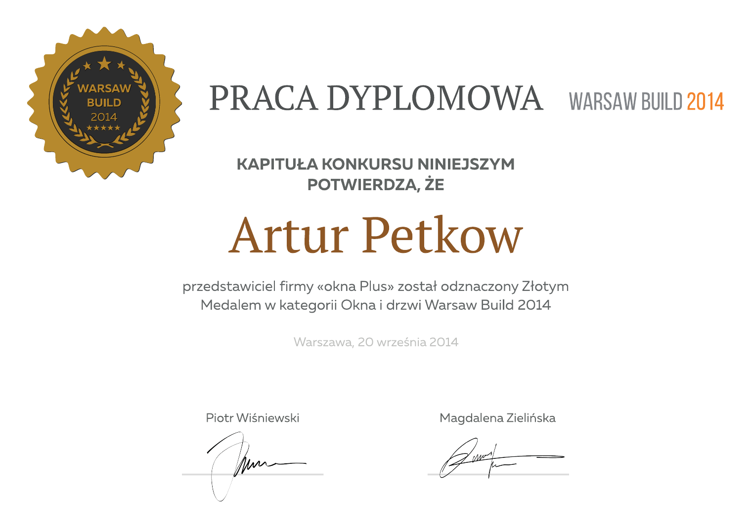 Warsaw Build 2014 certificate naming Artur Petkov for a Gold Medal in the Windows and Doors category