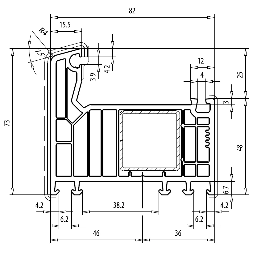 Cross-section drawing of a ViknoPlus frame profile showing its multichamber structure and internal reinforcement cavity